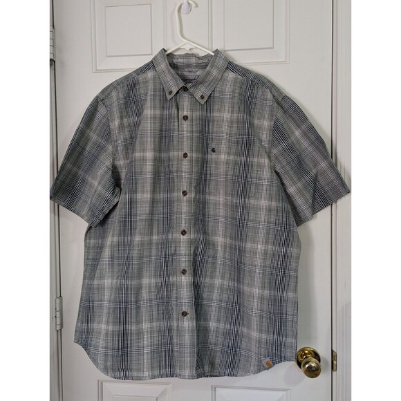 Carhartt Button Down Mens XL Shirt Navy Gray Plaid S/S Relaxed Fit Medium Weight - Picture 1 of 9